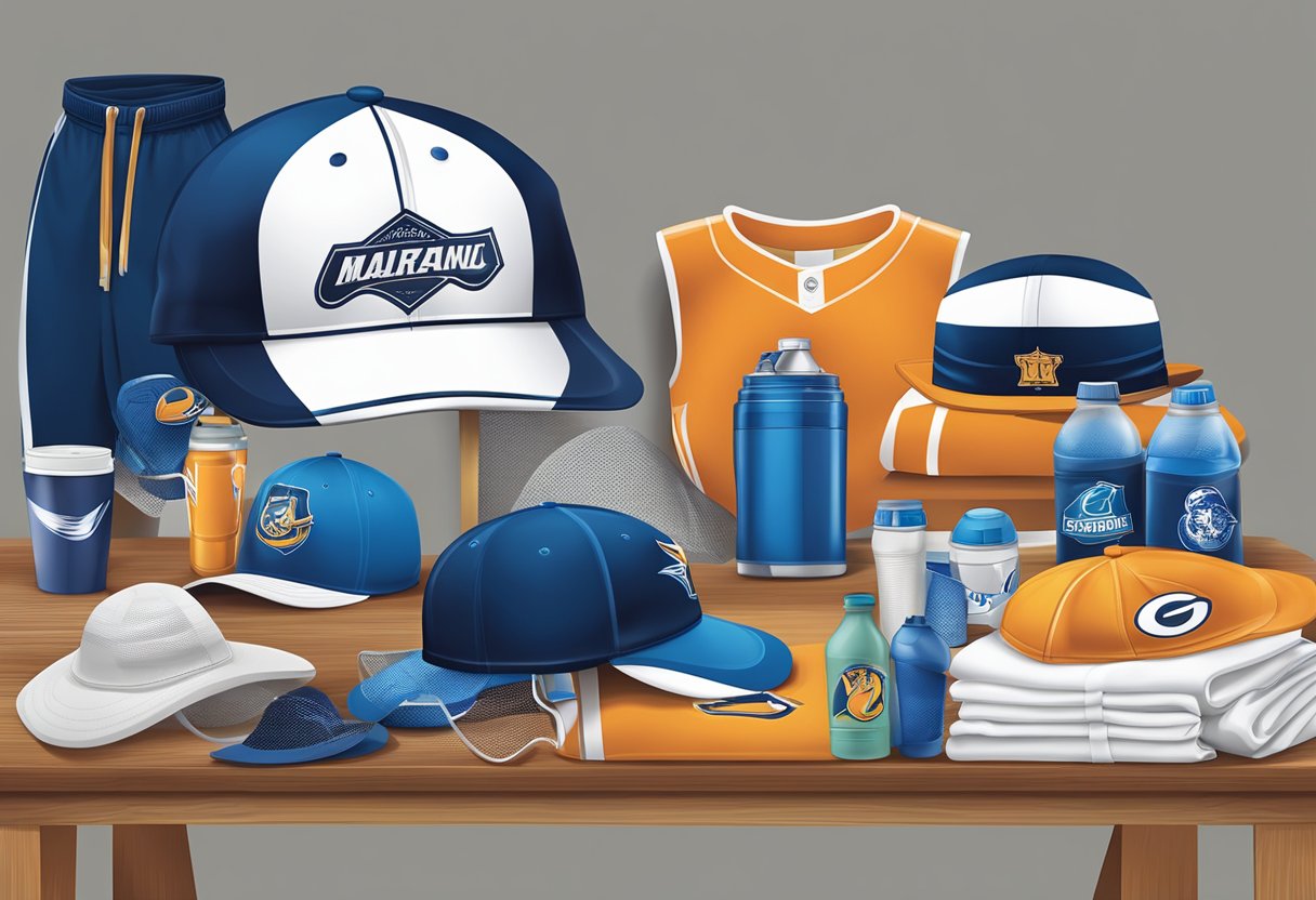 A collection of sports promotional items, including hats, water bottles, and jerseys, displayed on a table at a sporting event