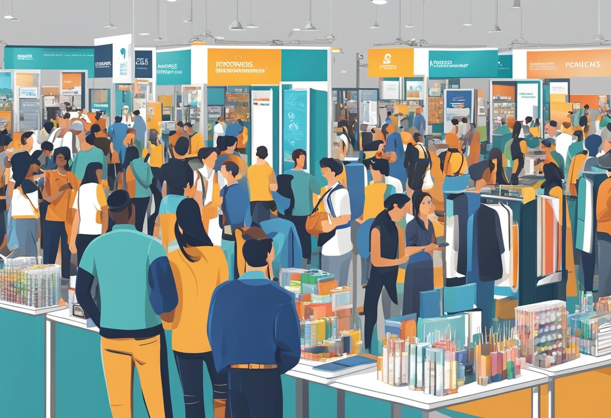 A crowded trade show booth displays popular promotional items. Tables are filled with branded merchandise and people are browsing