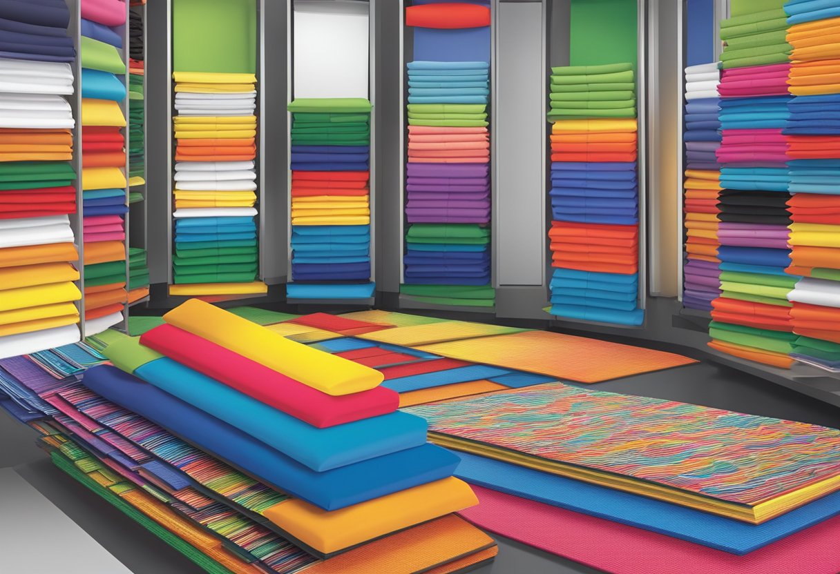A colorful array of promotional mats arranged in a vibrant, eye-catching display
