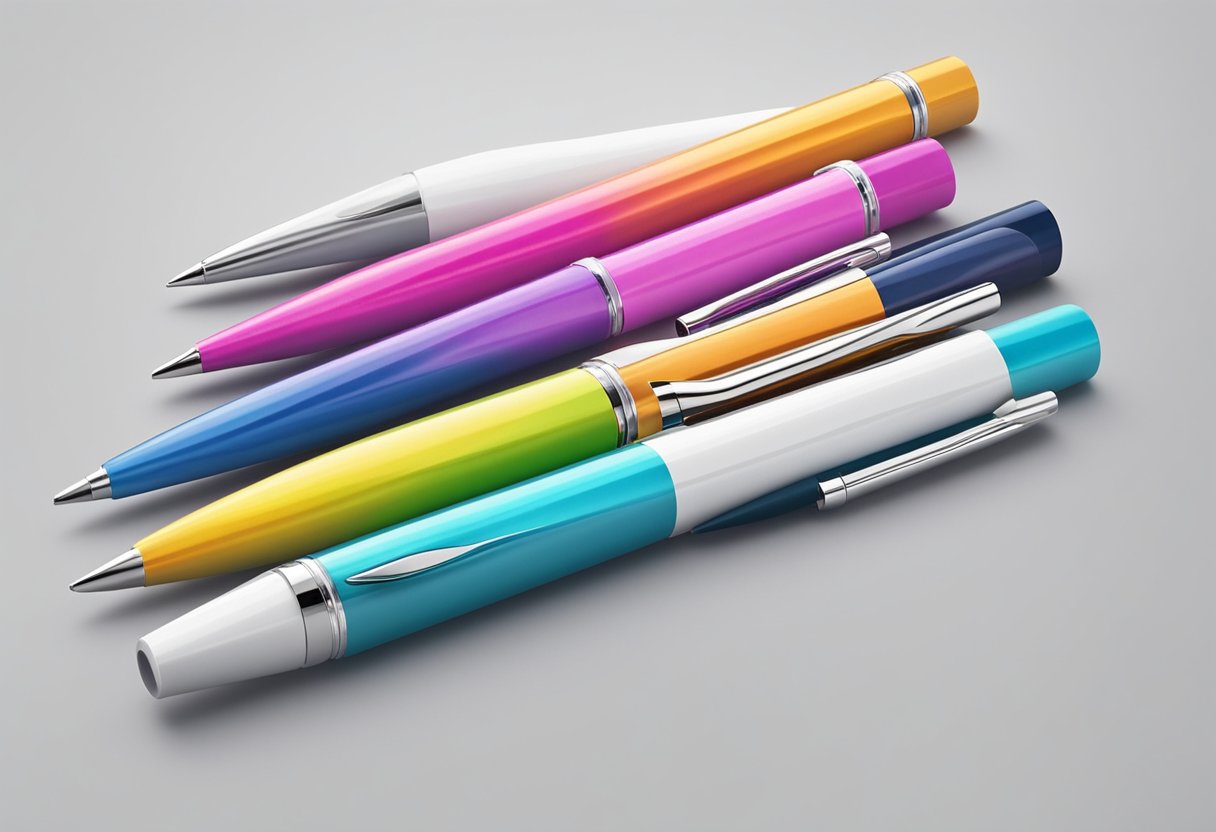 A stack of colorful printed promotional pens arranged on a clean white surface