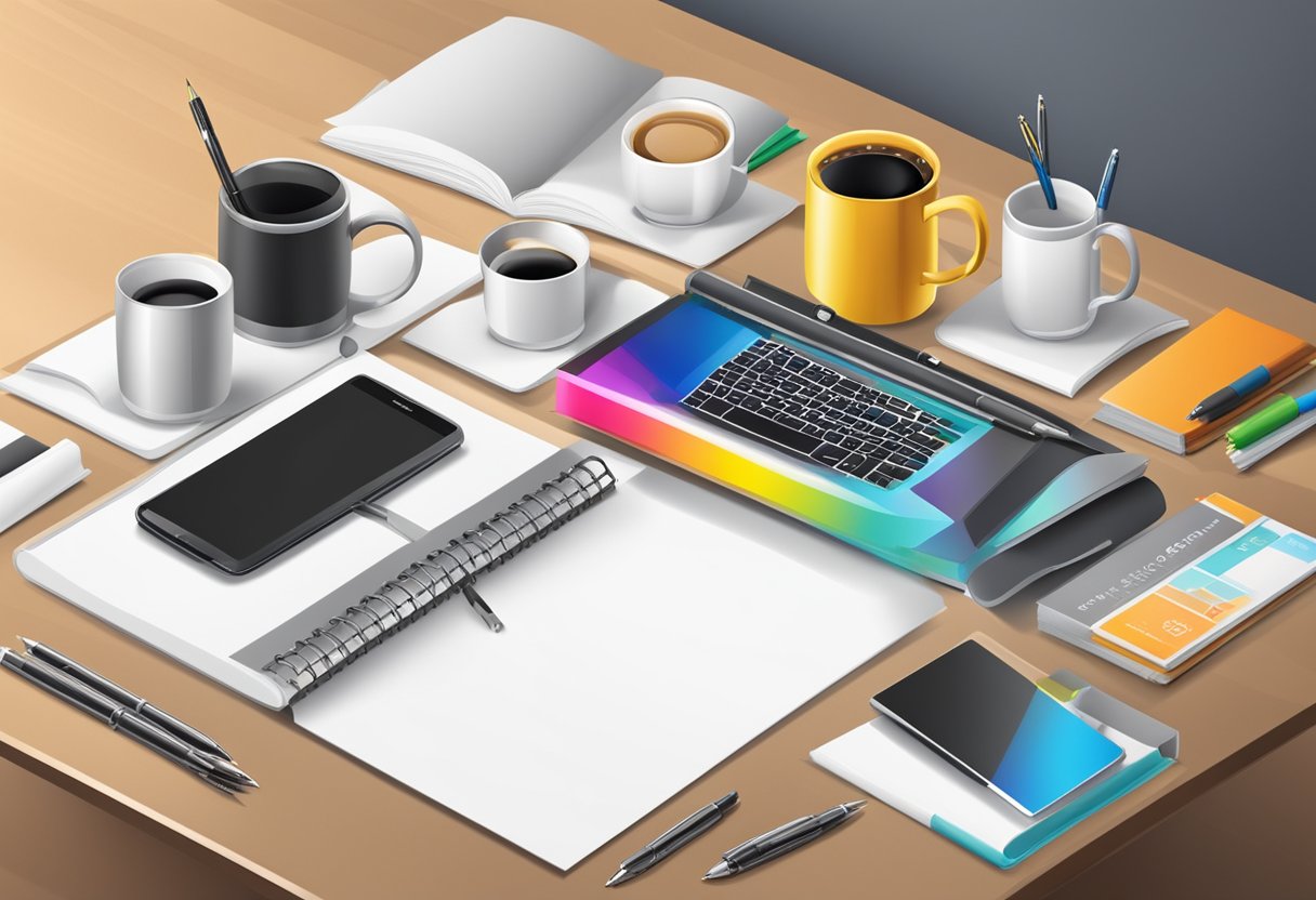 A table with branded pens, notebooks, and mugs. A banner and posters with company logo. A display of promotional items
