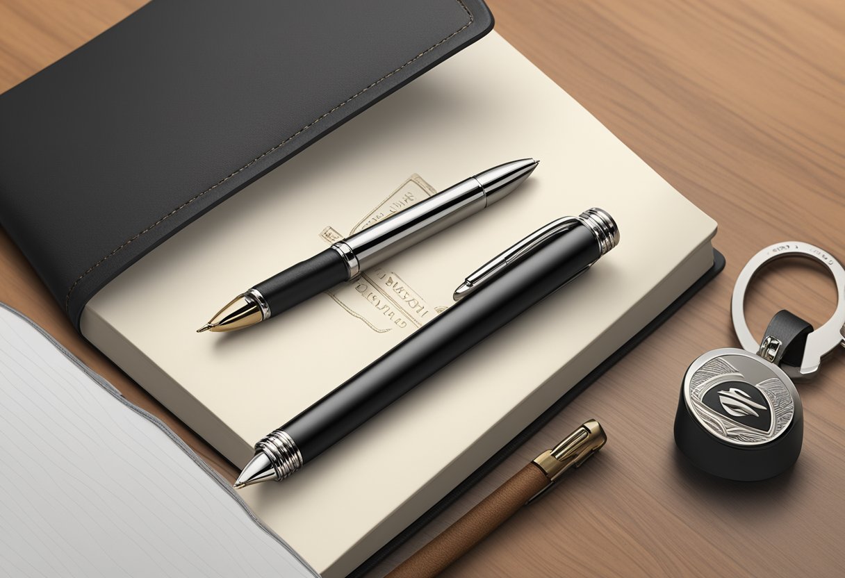 A sleek pen and leather-bound journal sit on a polished desk, both emblazoned with a company's logo. A metallic keychain with the same logo dangles nearby