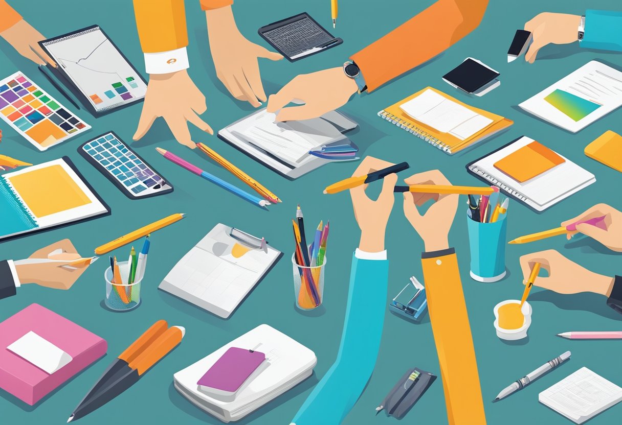 A hand reaching for a colorful array of promotional items, including pens with various designs and logos, displayed on a sleek, modern table
