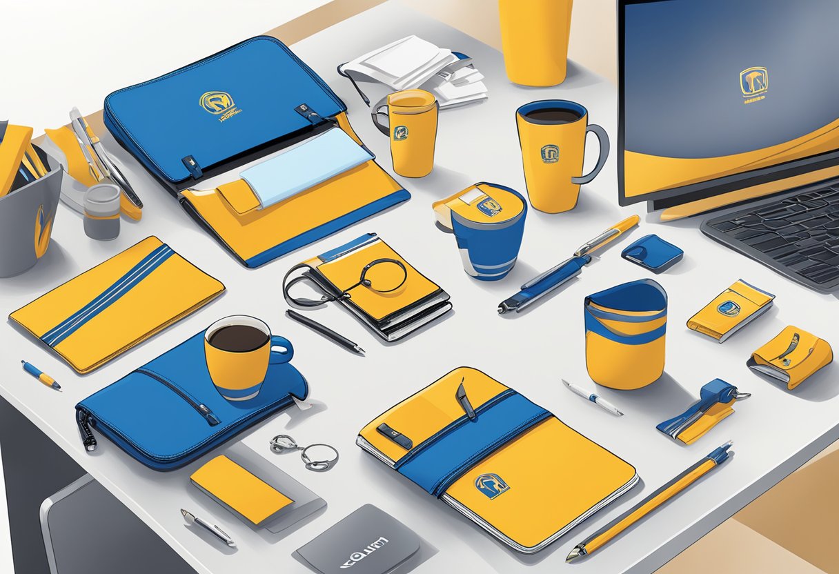 A table covered with branded merchandise: pens, mugs, keychains, and tote bags. A banner with the company logo hangs behind