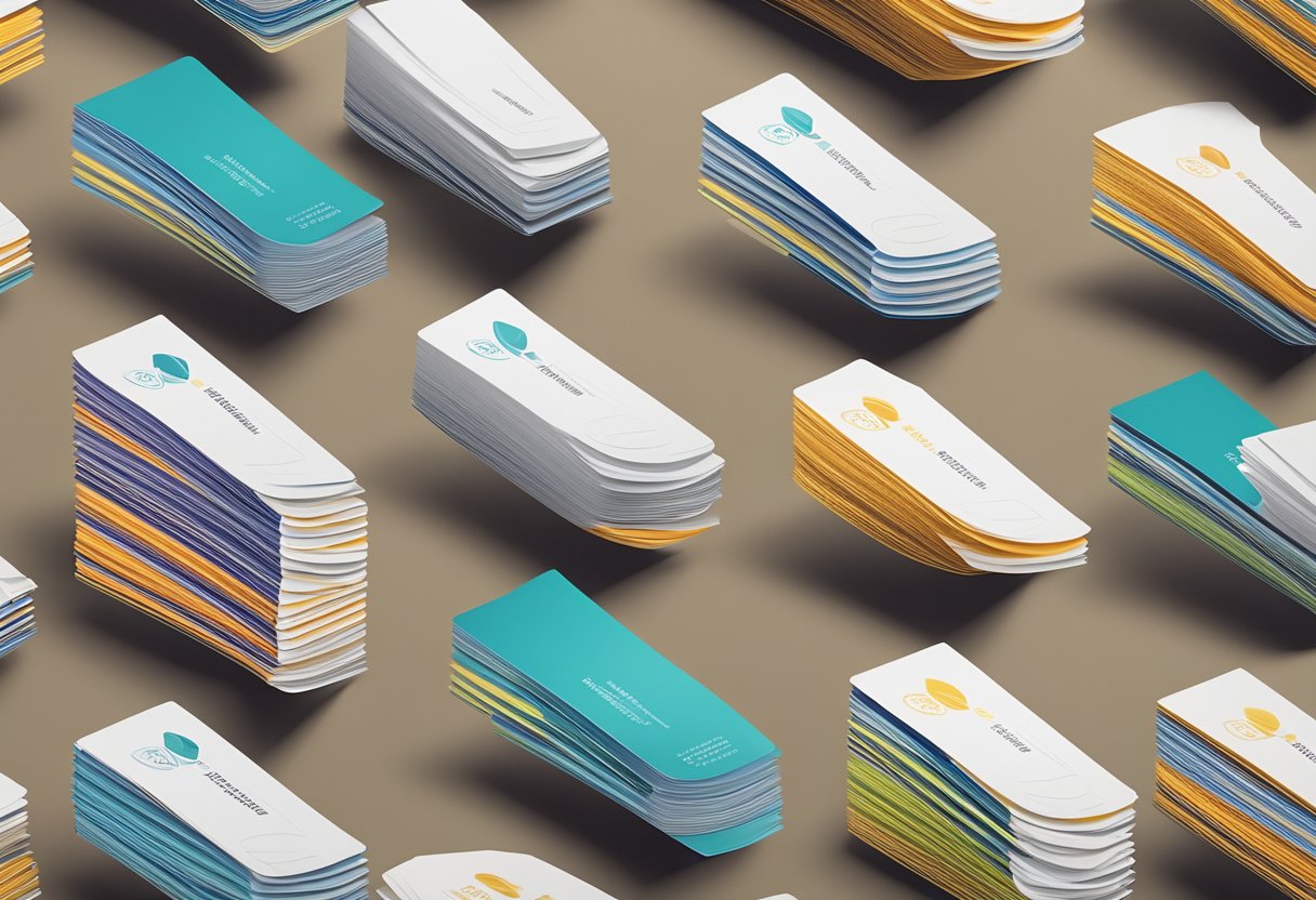 A stack of business cards, neatly arranged on a sleek desk with a modern office backdrop