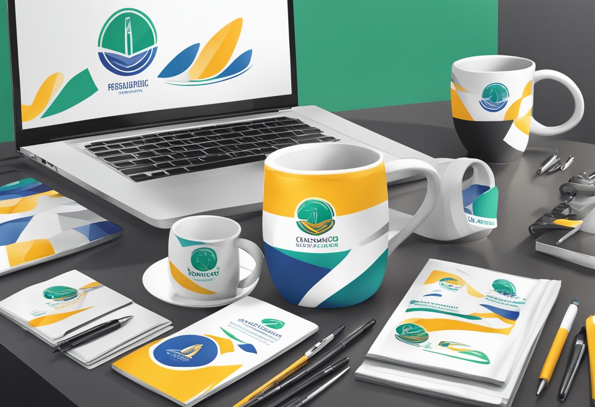 A table with branded merchandise: pens, mugs, and tote bags. A banner with a company logo hangs above