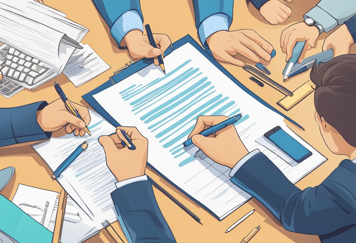 A hand holding a branded pen, surrounded by happy customers signing contracts and taking notes