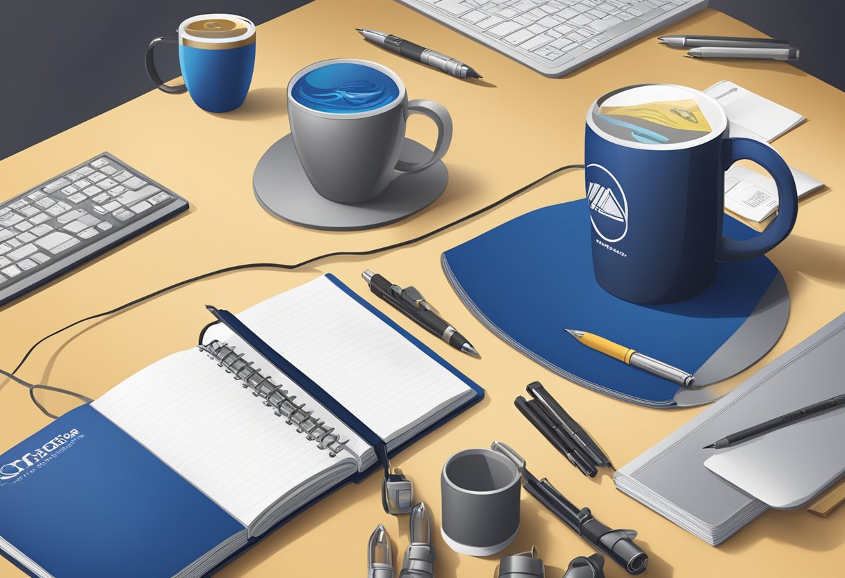 A table covered in branded merchandise: pens, mugs, and notebooks. A banner with the company logo hangs in the background