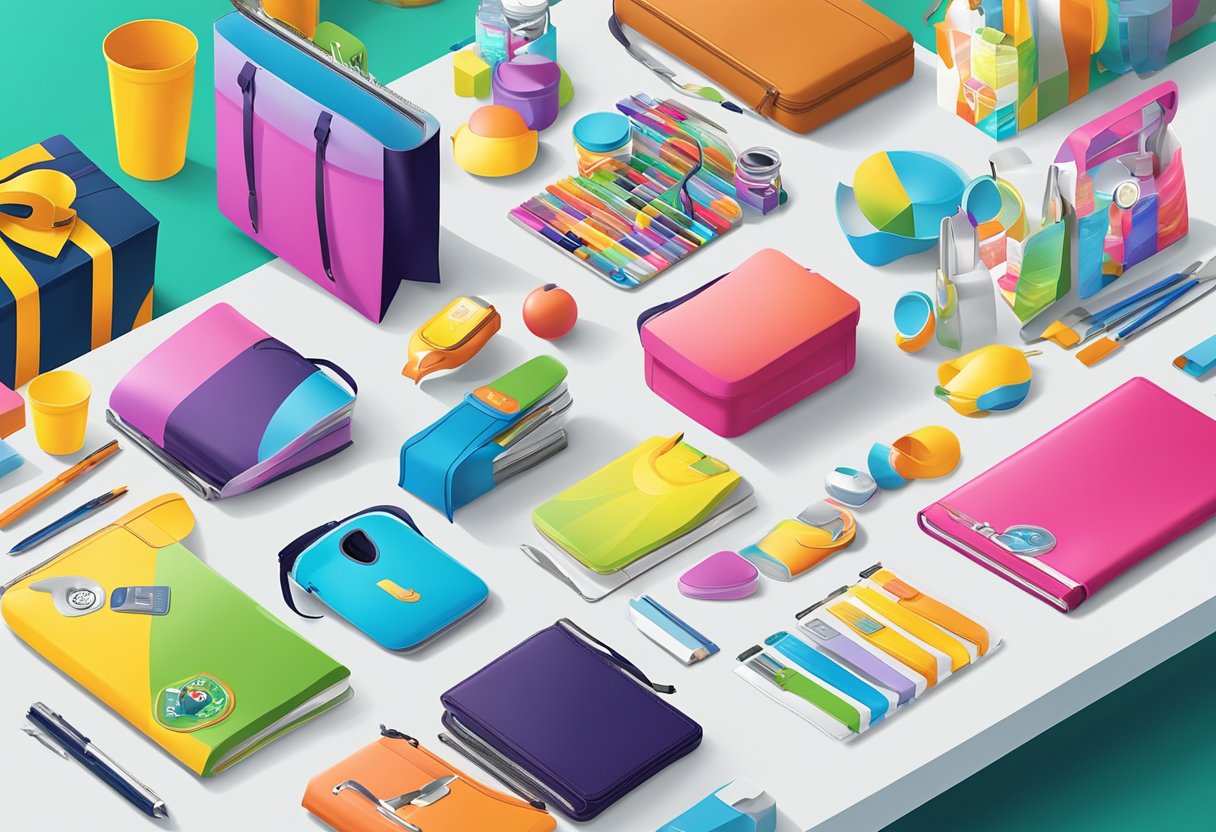 A colorful array of branded promotional gifts displayed on a table at a marketing event