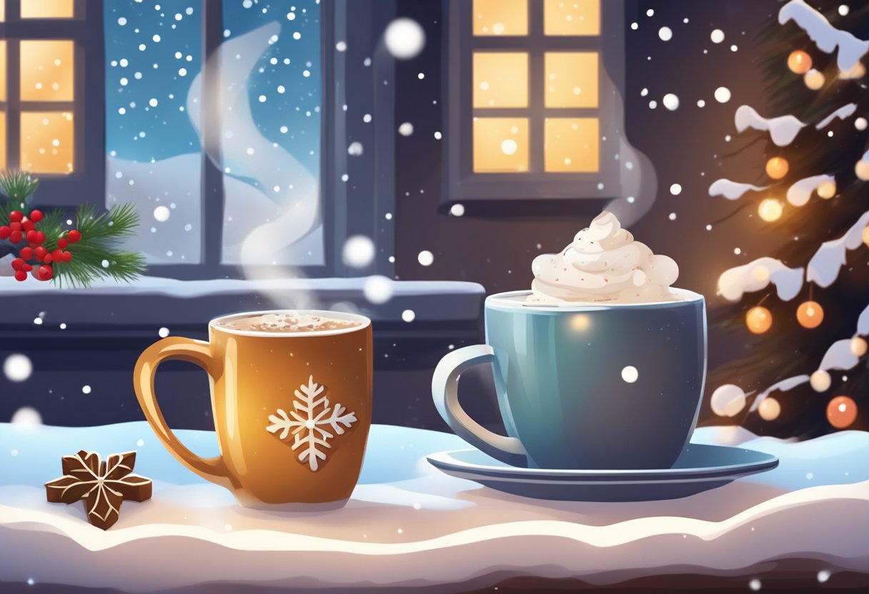 A cozy winter scene with snowflakes falling, a steaming mug of hot cocoa, and a festive holiday banner