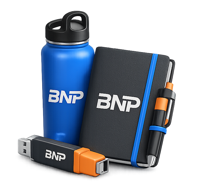 Promotional products Melissa businesses use — water bottle, notebook, pen, and USB drive