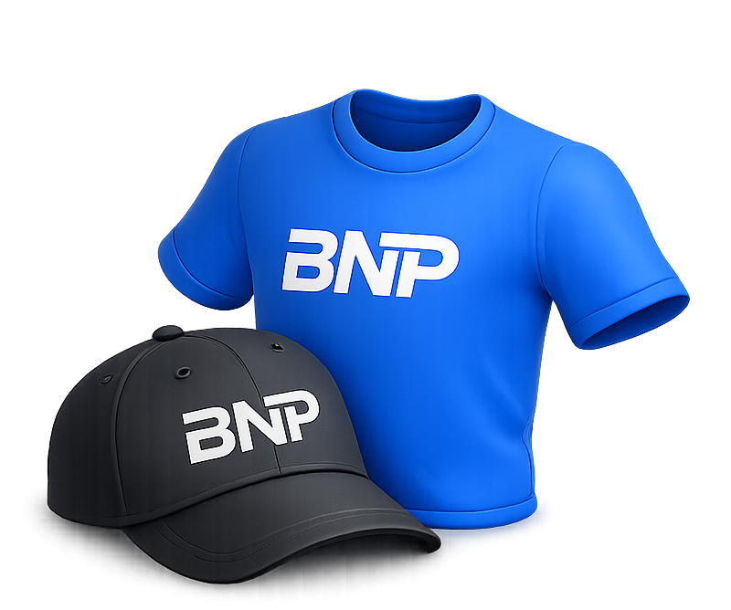 Promotional products Melissa businesses use — 3D icon displaying branded merchandise with a custom logo t-shirt and embroidered baseball cap in company brand colors.