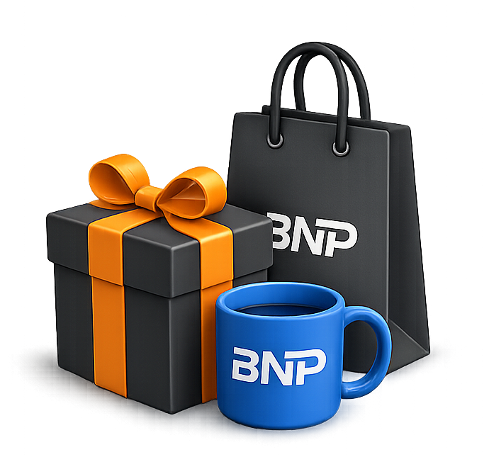 Promotional products Melissa businesses use — 3D icon showcasing corporate gifts including a premium gift box, branded shopping bag, and custom coffee mug.