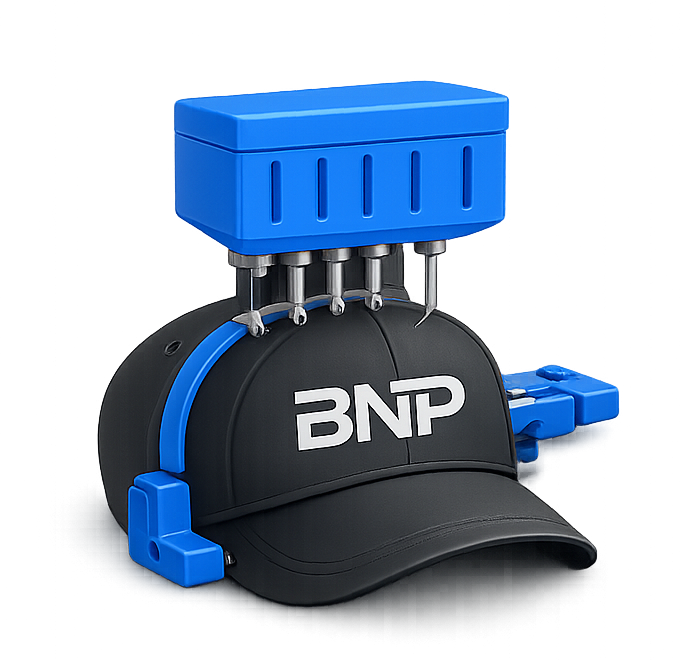 Promotional products Melissa businesses use — 3D icon illustrating embroidery services with an embroidery machine stitching a custom logo onto a baseball cap.