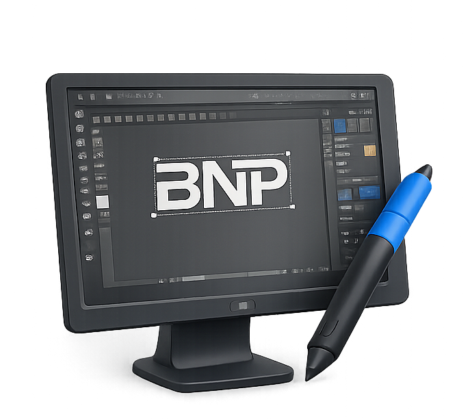 Promotional products Melissa businesses use — 3D icon representing graphic design services with a digital design workstation, logo artwork, and stylus pen.